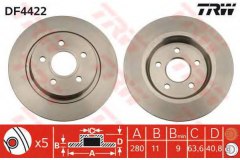 Диск тормозной | зад | для FORD FOCUS II (DA_, HCP) 2.0 2004-2012, код двигателя AODA,AODB,AODE, V см3 1999, кВт 107, л.с. 145, бензин, TRW/Lucas DF4422